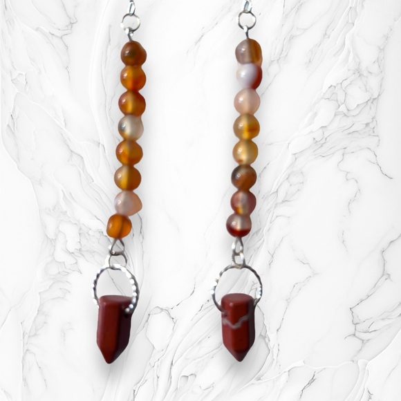 Hand Crafted Earrings Agate Red Jasper Long Dangle Pierced Natural Stones - Picture 3 of 4